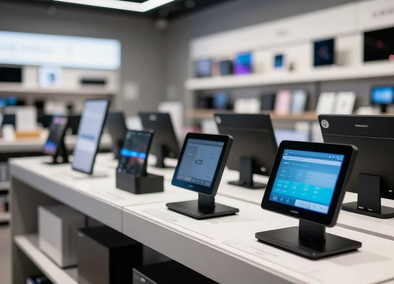 A modern retail shelf featuring sleek electronic shelf labels in a high-tech smart home store.