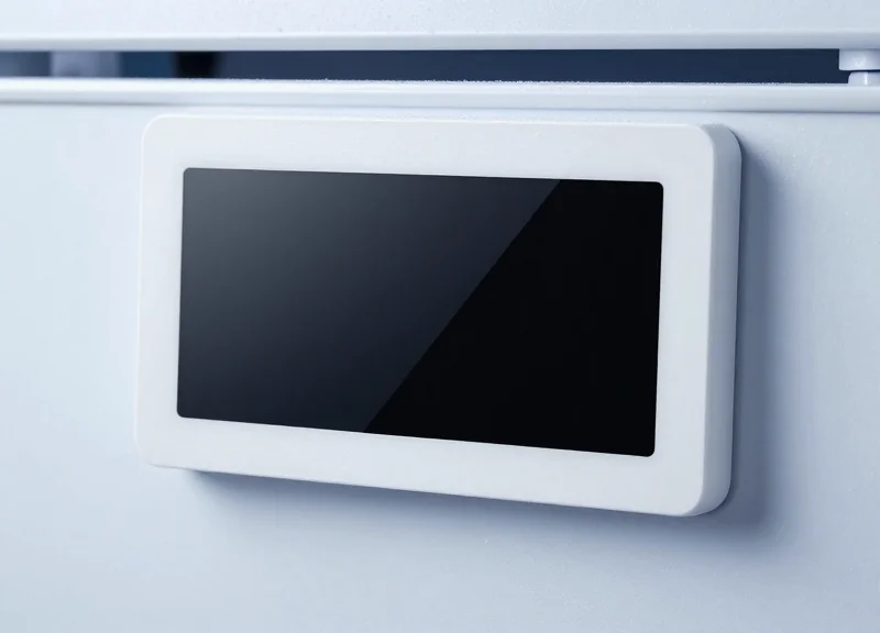 Close-up of a digital electronic shelf label specialized for sub-zero freezer temperatures.