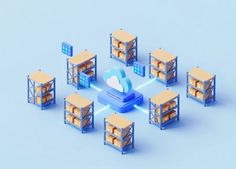 3D isometric illustration of a warehouse management system showing digital connectivity between servers and inventory racks.