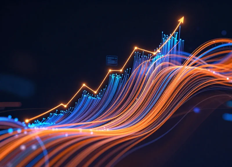 Abstract visualization of glowing fiber optic streams moving upward, representing 35 percent labor cost savings.