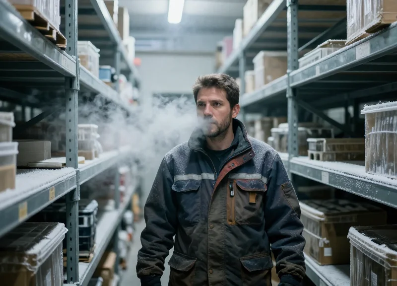 A warehouse worker in heavy winter gear working inside a cold storage facility with visible frost on metal shelves.