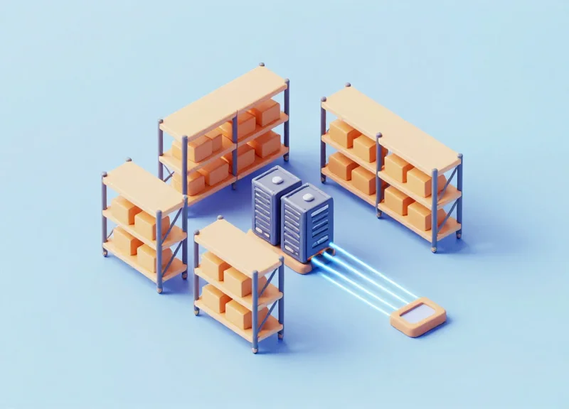 Isometric 3D view of a smart warehouse system showing shelves, data nodes, and central server connectivity.