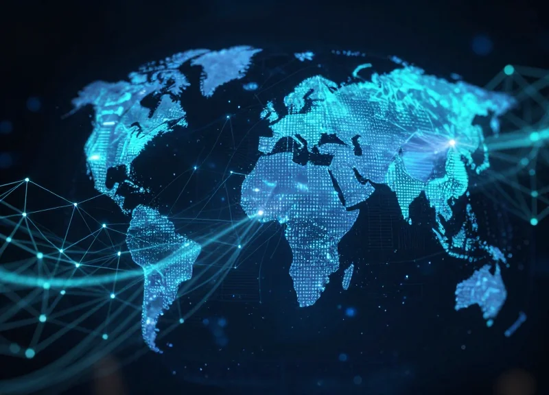 Abstract digital representation of global cold chain logistics with glowing data streams.