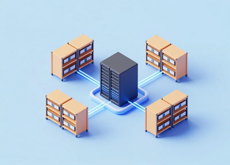 Isometric view of a warehouse management system integrating digital devices and servers.