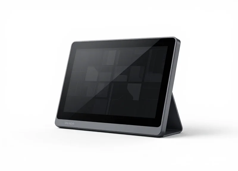 Close-up of a modern electronic shelf label with a sleek industrial design.