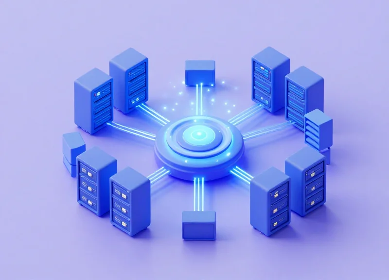 Isometric view of a connected logistics network representing ERP and WMS integration.