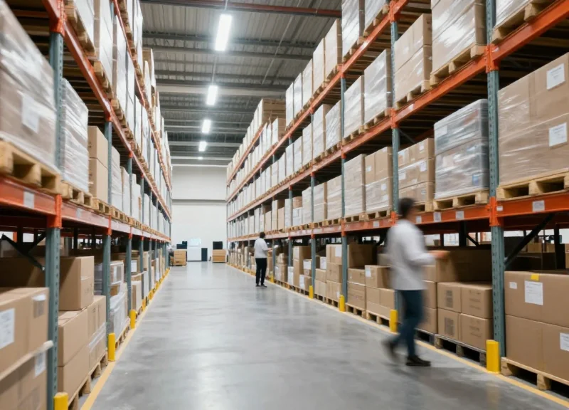 An expansive and highly organized modern warehouse showing high throughput and operational efficiency.