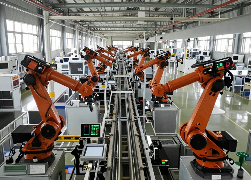 A modern high-tech automated manufacturing facility with digital kanban displays on a smart assembly line.