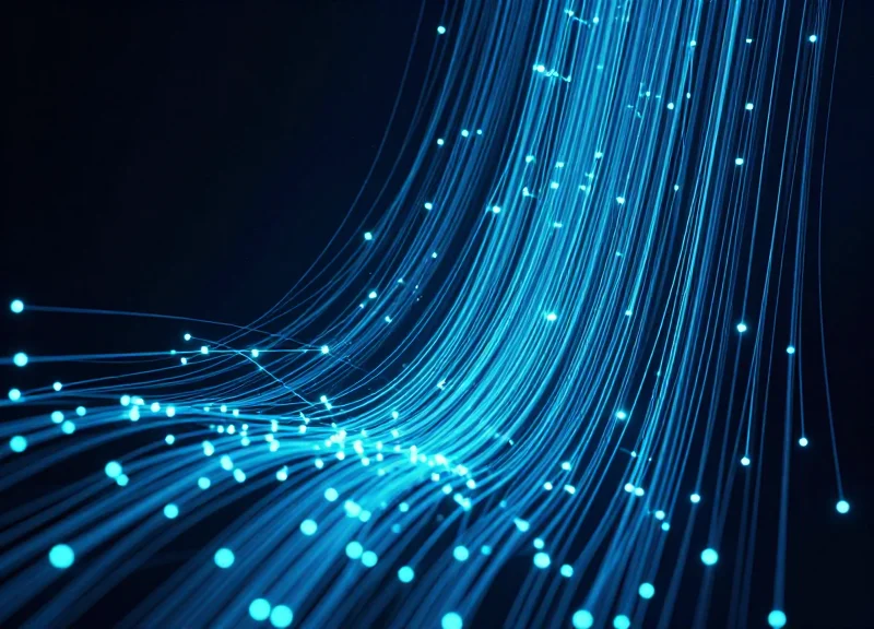 Abstract visualization of ultra-fast light-speed data transmission through fiber optic nodes.