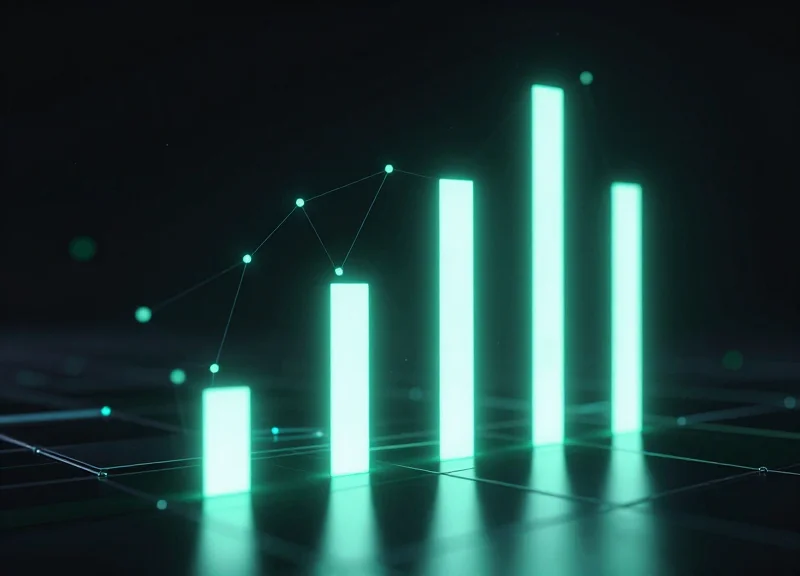Dynamic glowing bar charts and ascending data nodes representing performance benchmarks.