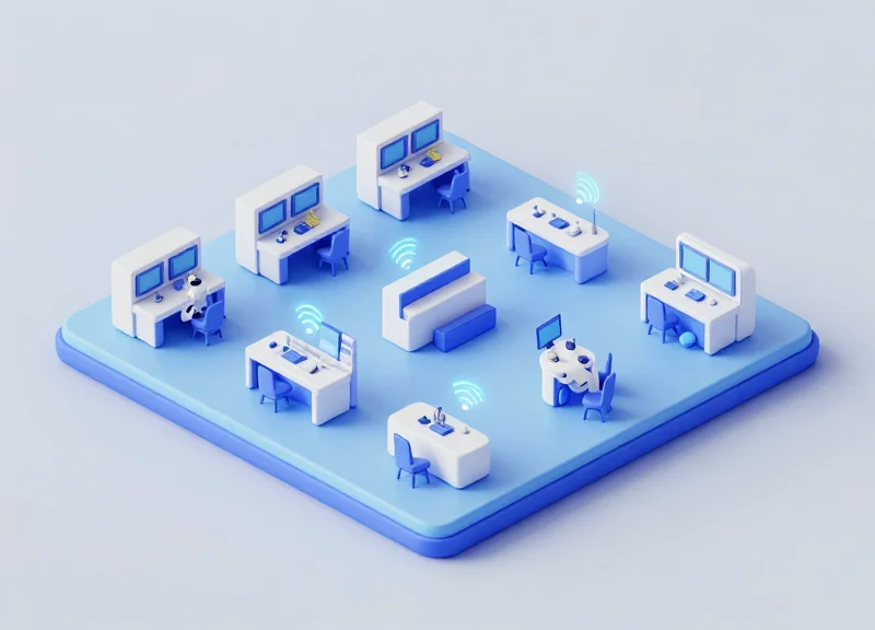 Isometric 3D view of a modular factory assembly line with movable workstations and glowing wireless signals.