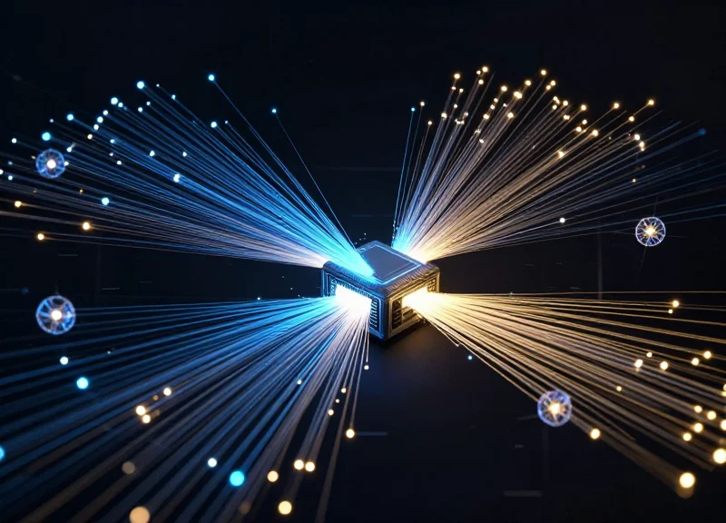 Abstract visualization of glowing data streams flowing from a server to multiple digital nodes.