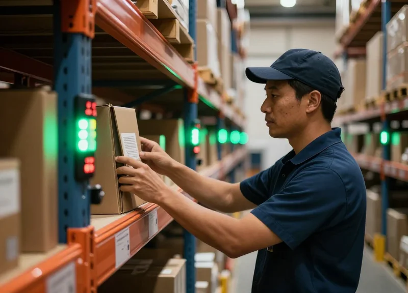 A warehouse worker picking items from a high-density shelf with glowing light indicators
