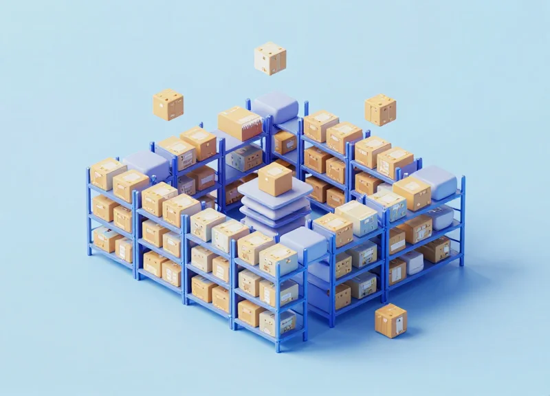 Isometric 3D model of a warehouse with reconfigurable storage modules