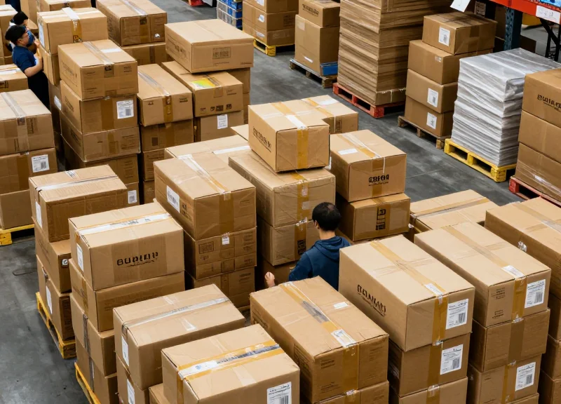 A busy and slightly chaotic e-commerce sorting station with numerous packages and manual sorting items to illustrate the high cost of errors.