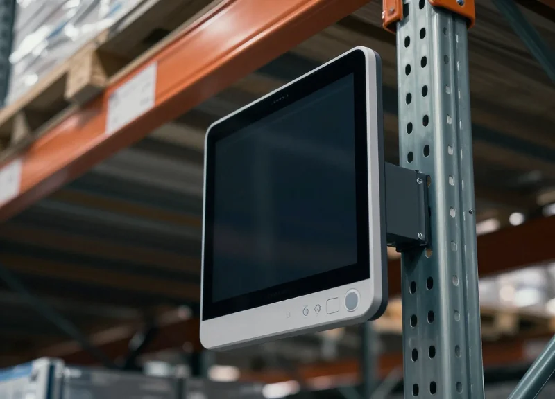 Close-up of electronic shelf labels installed on warehouse racking, representing the transition from retail to logistics.