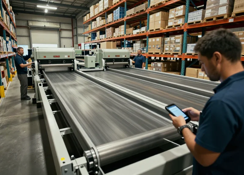 Busy modern warehouse with automated conveyor belts and digital sorting infrastructure in high resolution.