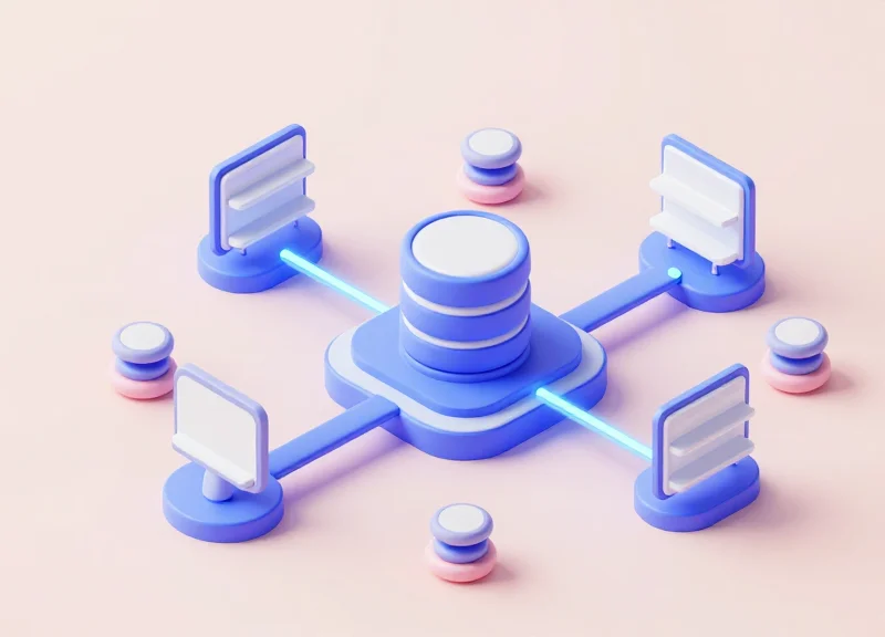Isometric 3D model of a cloud server connecting to digital shelf labels through glowing data streams.
