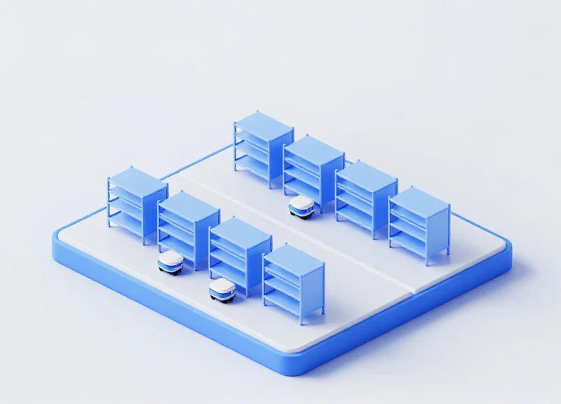 Isometric 3D view of a modular micro-fulfillment center with automated robots.