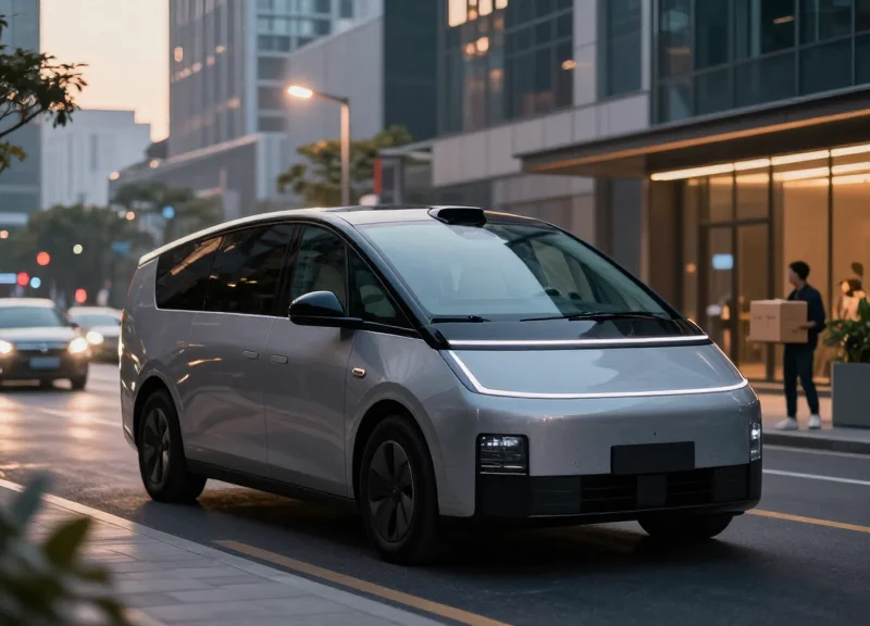 A modern electric delivery van in a high-density urban city environment at twilight.