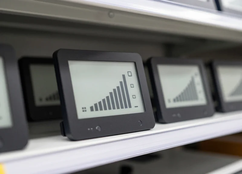 Electronic shelf label installed on a warehouse rack for real-time inventory updates.