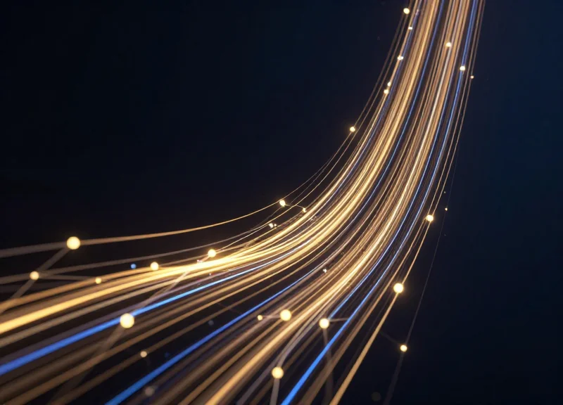 Abstract data visualization with upward-flowing golden and blue light trails on a dark digital background representing precision and growth.