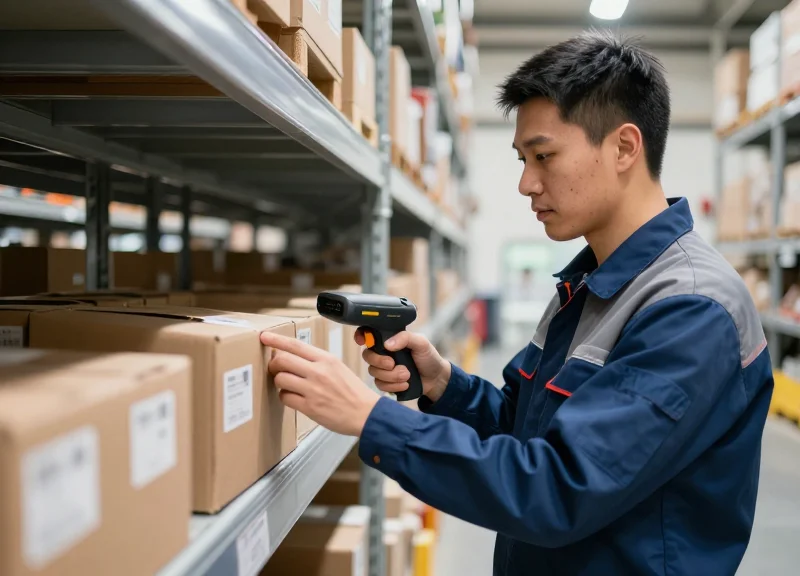 A warehouse professional using a handheld RFID scanner to manage automotive spare parts on tall storage racks.