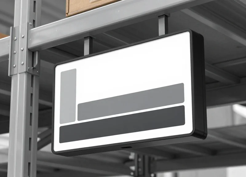 A high-tech electronic shelf label mounted on a warehouse rack with a clean minimalist background.