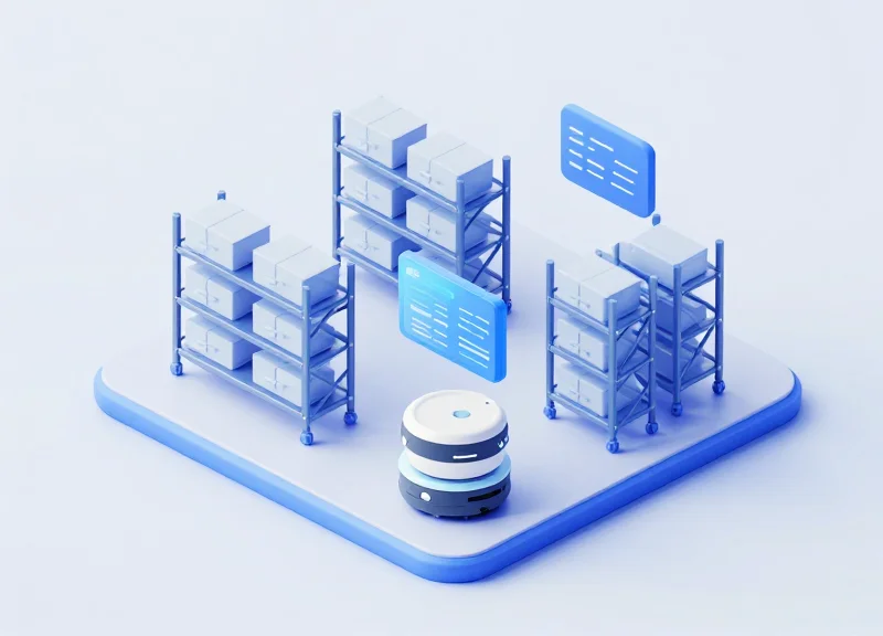 An isometric 3D view of an automated warehouse audit process with miniature drones and robotic scanners.