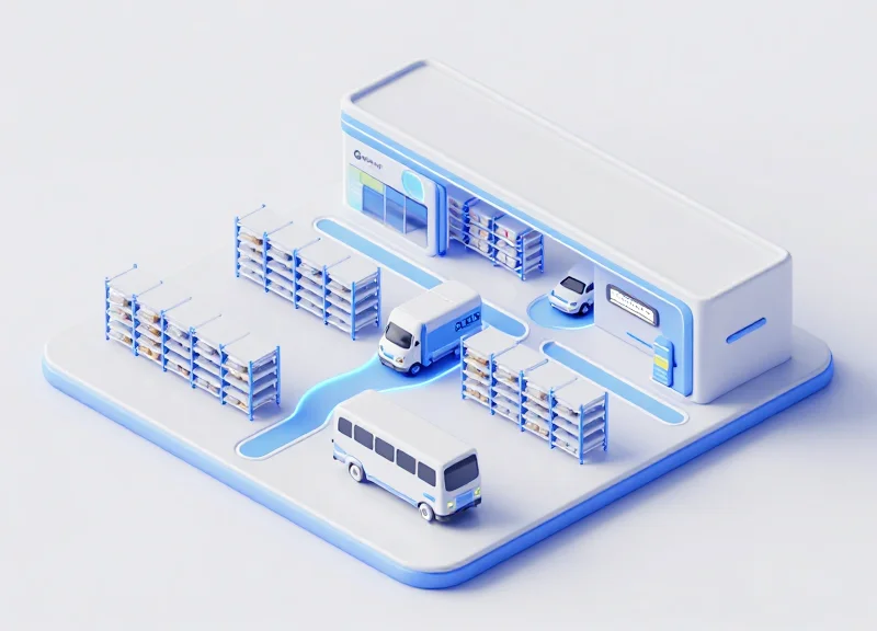 A futuristic 4S logistics center showing smart storage and automated delivery systems in an isometric view.