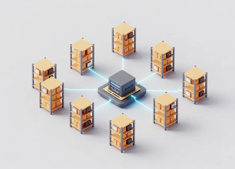 Isometric 3D model of a warehouse shelving system integrated with electronic shelf labels and a central control server.