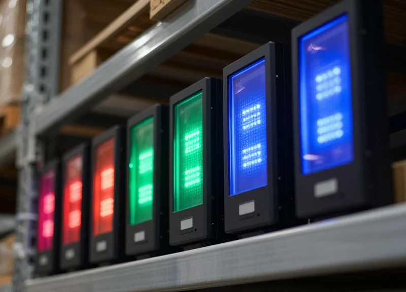 Close-up shot of several electronic shelf labels on a warehouse rack glowing with distinct red, green, and blue LED lights.