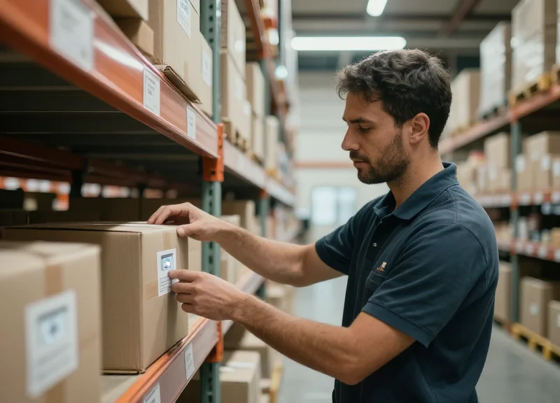 A modern warehouse environment where a worker is picking items from shelves equipped with electronic labels, showing high efficiency.