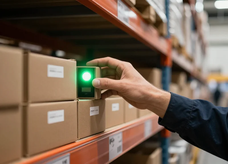 A technician reaching for a component guided by a glowing light on a smart shelf label.