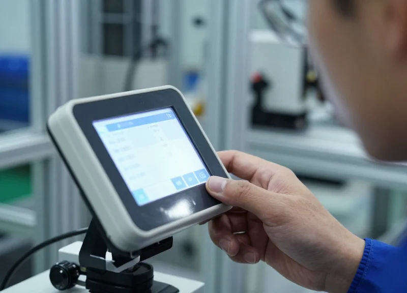 A professional technician using a smart precision tool with a digital display in a high-tech manufacturing facility