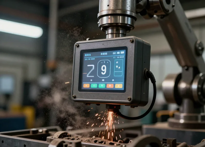An industrial smart display showing resilience against harsh factory conditions like dust and heat