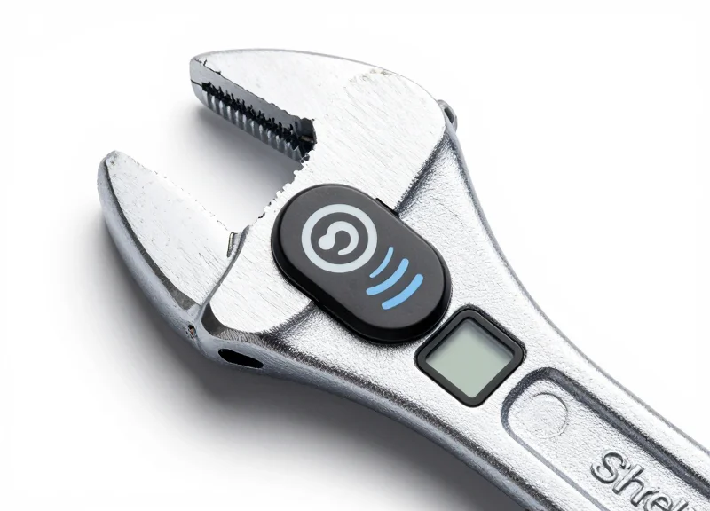 Macro shot of an industrial tool with a modern electronic tag attached