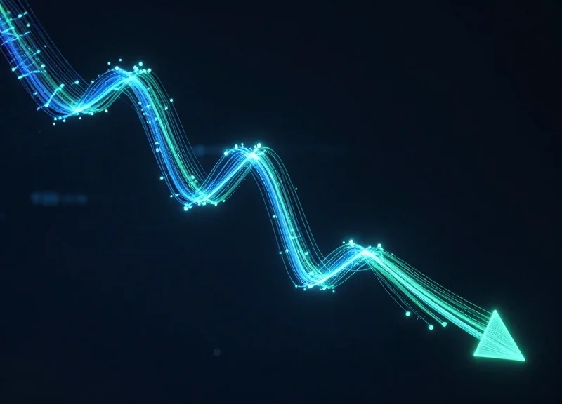 Abstract visualization of declining data streams representing reduced downtime