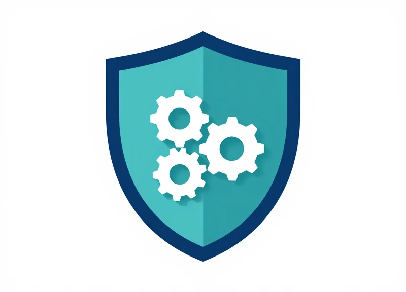 Flat vector illustration of a shield and gears representing safety and compliance
