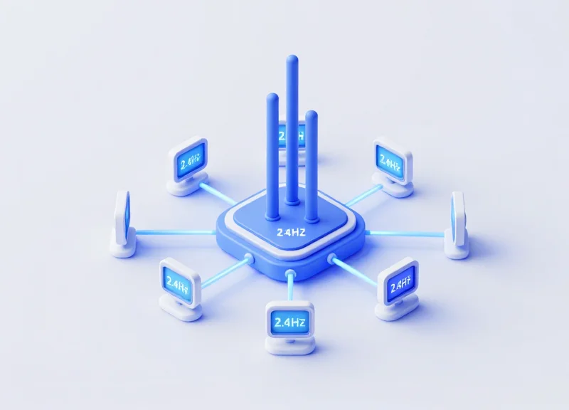 Isometric 3D illustration showing a workshop network with a central hub communicating wirelessly with digital ESL tags attached to tools, using glowing connection lines.