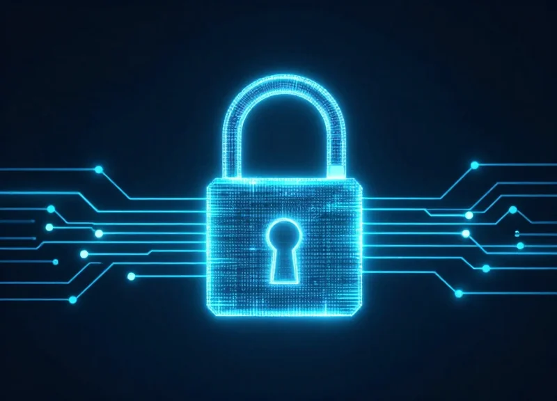 A digital padlock glowing with circuit patterns protecting abstract data nodes.