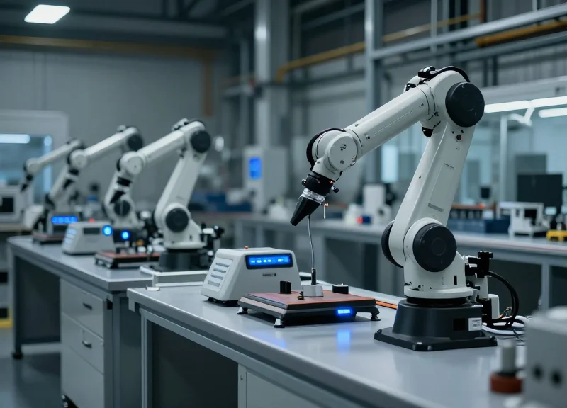 Modern high-tech factory toolroom with robotic systems and organized workstations.