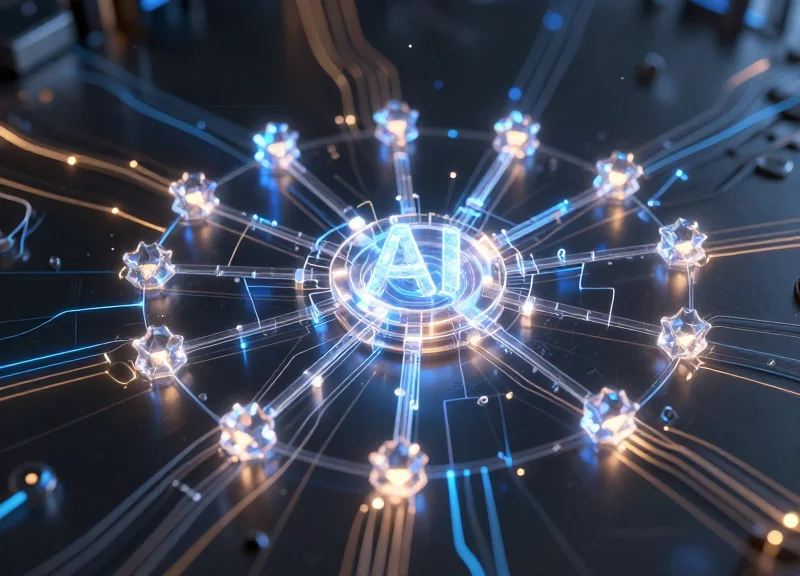 Abstract representation of AI governance with glowing data streams and nodes.