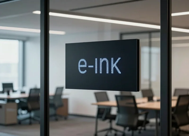 A modern e-ink display mounted on a glass wall outside a professional meeting room in a bright, sleek office hallway.