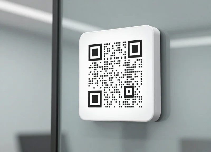 A close-up of a sleek electronic shelf label with an abstract QR code pattern mounted on an office wall.