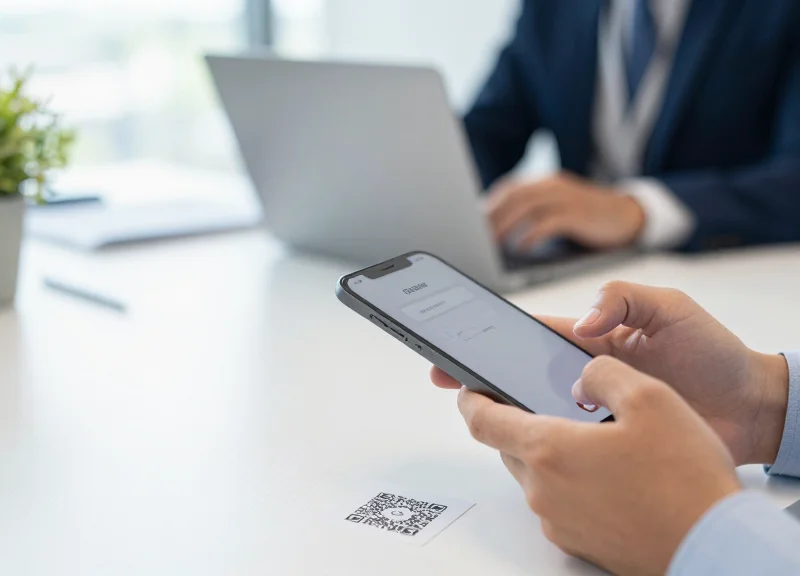 A person using a smartphone to scan a QR code label on a modern office desk.