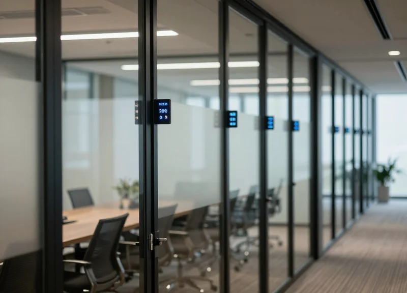 Modern office meeting room with electronic room labels mounted on the glass door.