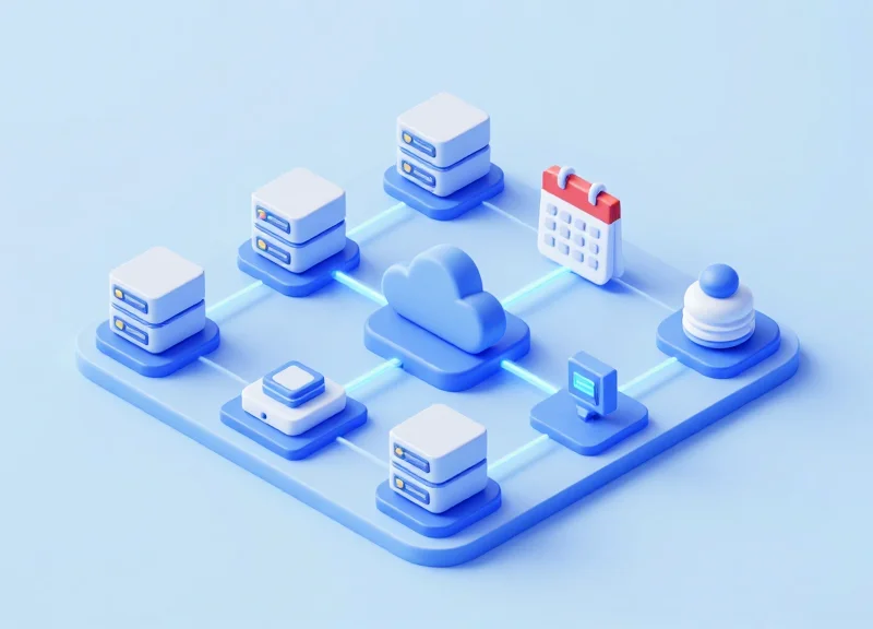 Isometric 3D illustration showing the connection between cloud services and physical meeting labels.
