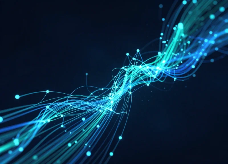 Abstract data visualization showing glowing streams of information being transformed and mapped.