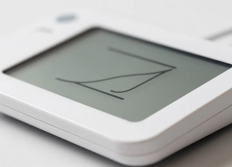 Macro shot of a sleek electronic shelf label device used for meeting rooms.